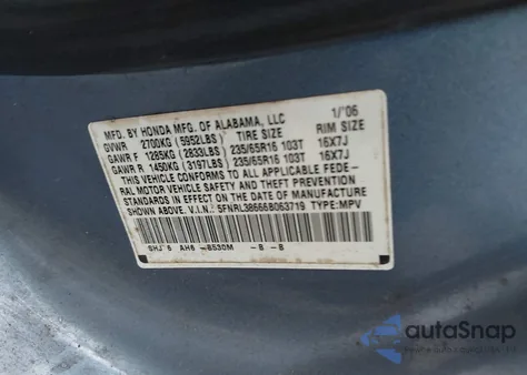 2006 Honda Odyssey Ex-L z USA, uszkodzony, nr VIN 5FNRL38666B063719